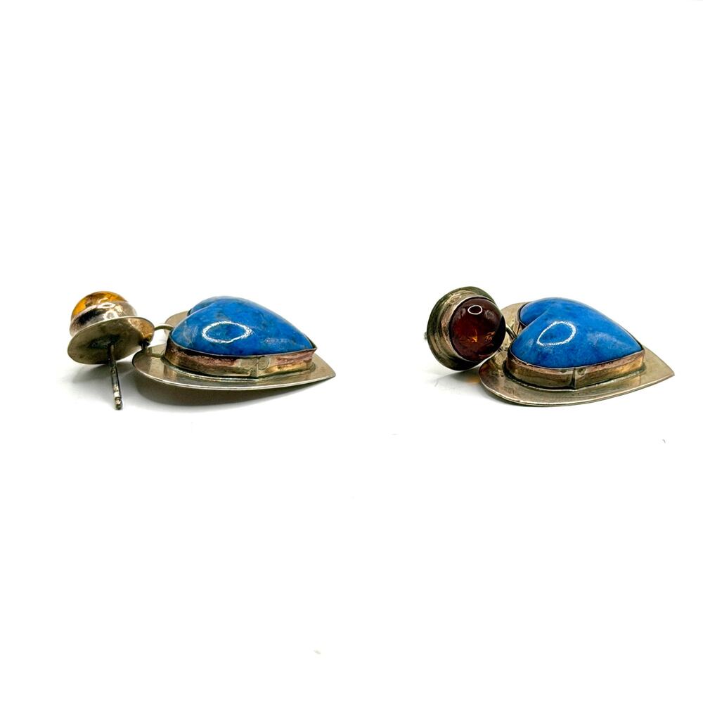 Vintage 90s Jason Livingston Signed Sterling Silver Lapis Amber Heart Earrings - Picture 5 of 8